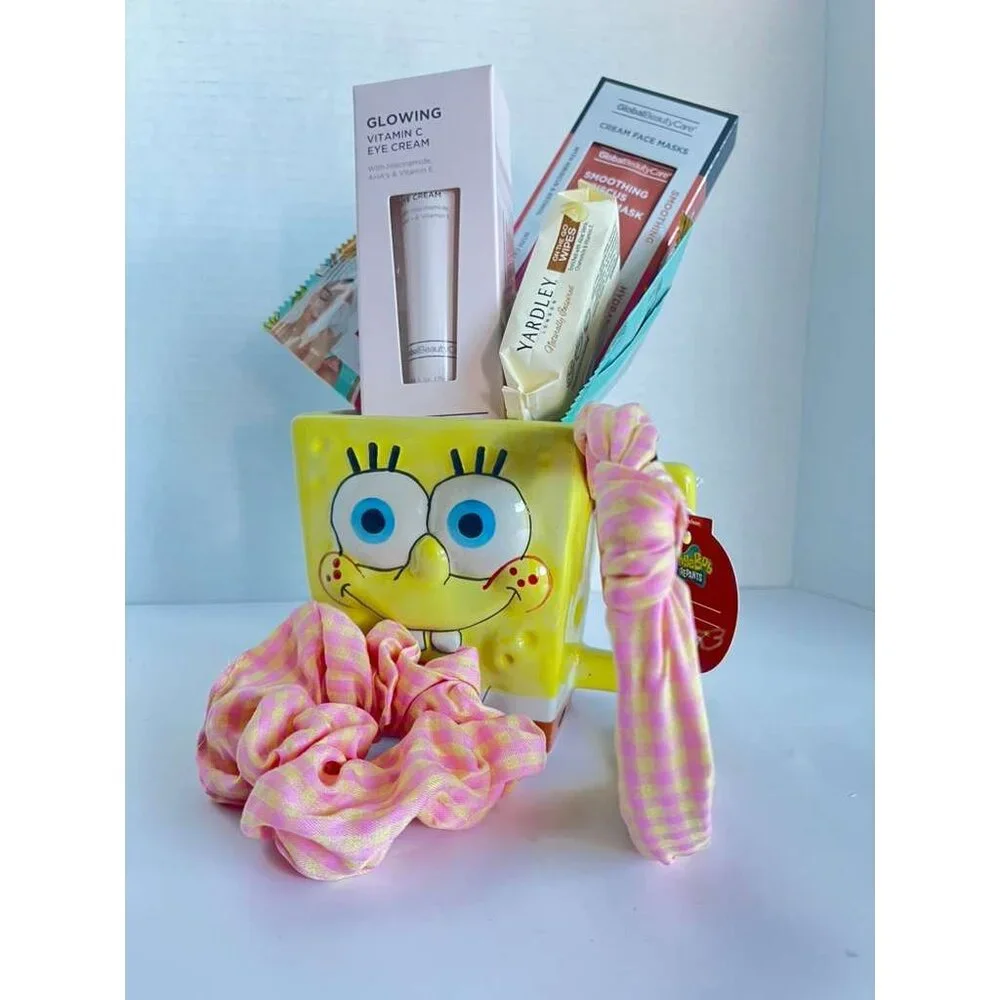 SpongeBob Gift Mug Set W/ Skincare Cream Face Mask Vitamin C Wipes & Pink Scrunc